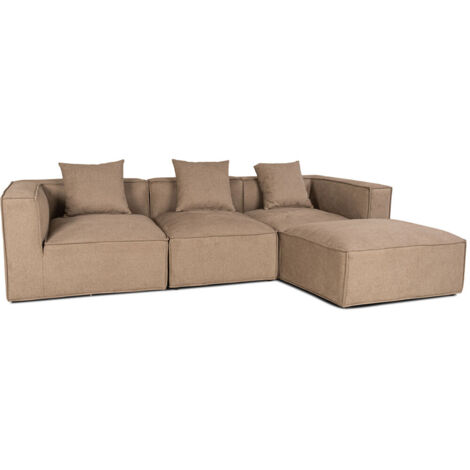 Box canapé chaiselongue, 3 coussins décoratifs beige, marron.