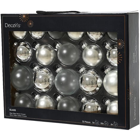 Box Da 21 Palline Di Natale Vetro Sfera Lucido Opaco Trasparente Misto Colore Argento Ø 7Cm