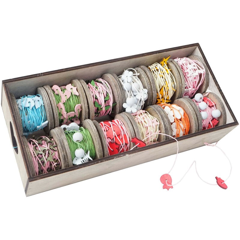 Box de décoration, bandes de décoration, boîte à ficelles, motif bois, 12 galets à 7,5 cm