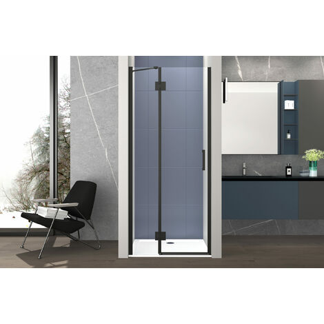 Box doccia 110 cm anta singola ad UN BATTENTE per nicchia H200 cm cristallo anticalcare trasparente 6mm profilo NERO OPACO OLLY