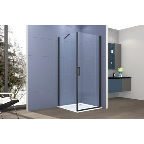 Box doccia 2 lati 100x100 cm fisso + porta 1 battente H200 cm cristallo 6mm profilo Nero Opaco LUCIO