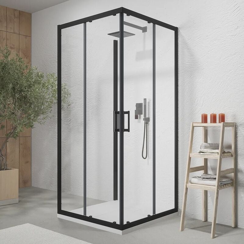 Cabine de douche 3 côtés 70x90x70 cm avec double porte coulissante et paroi fixe Profilés en aluminium Noir Verre opaque transparent 6 mm h190