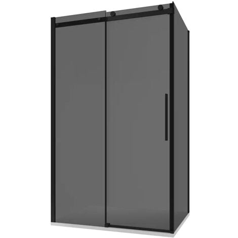 Box Doccia 70x100 cm Porta Scorrevole e Parete Fissa Profili in Alluminio Nero Opaco Vetro 8mm Fumé con Trattamento Easy-clean - Reversibile h195 Mod. Creta