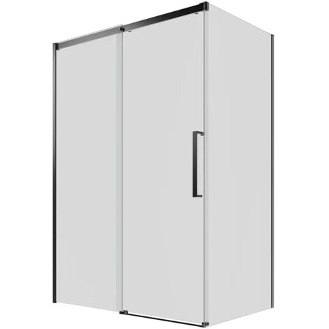 Box Doccia 90x130 cm Porta Scorrevole con Chiusura Soft-close e Parete Fissa Profili in Alluminio Nero Opaco Vetro 8mm Trasparente con Trattamento Easy-clean - Reversibile h195 Mod. Antille