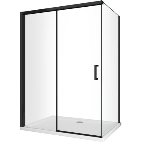 Box Doccia Ad Angolo Con Parete Fissa Laterale e Porta Frontale Con Chiusura Soft Close Ammortizzata H 200 8 MM Telaio Nero Opaco Cm 75 (73-75) x 160 (157-160)
