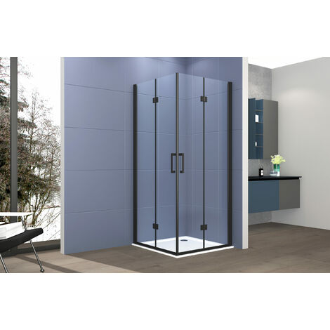 Box doccia angolare 100x100 cm apertura due porte soffietto H200 cm cristalli trasparente 6mm profilo Nero Opaco ELIO