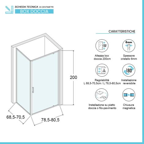 Box doccia angolare 70x80 cm con porta battente in cristallo serigrafato Ted