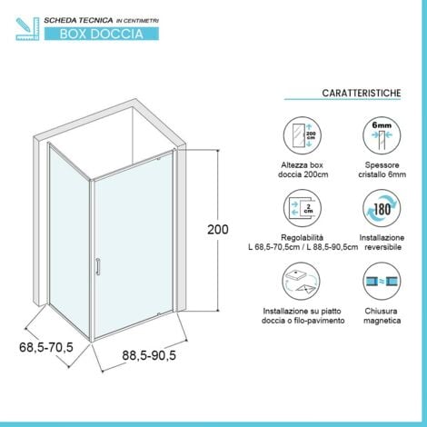 Box doccia angolare 70x90 cm con porta battente in cristallo serigrafato Ted