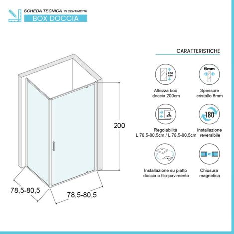 Box doccia angolare 80x80 cm con porta battente in cristallo trasparente Ted