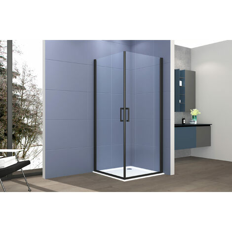 Box doccia angolare 90x100 cm apertura due ante battenti H200 cm cristalli trasparente 6mm profilo Nero Opaco IVO