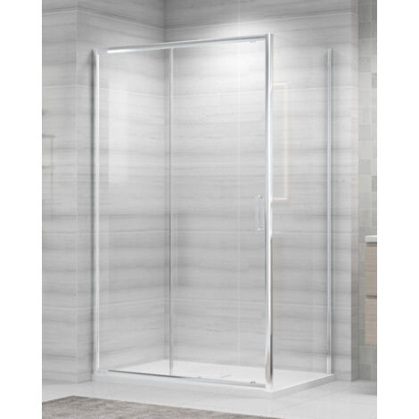 Box doccia angolare cm 90x140x200 vetro temperato 5 mm trasparente, 1 apertura scorrevole e profili cromo
