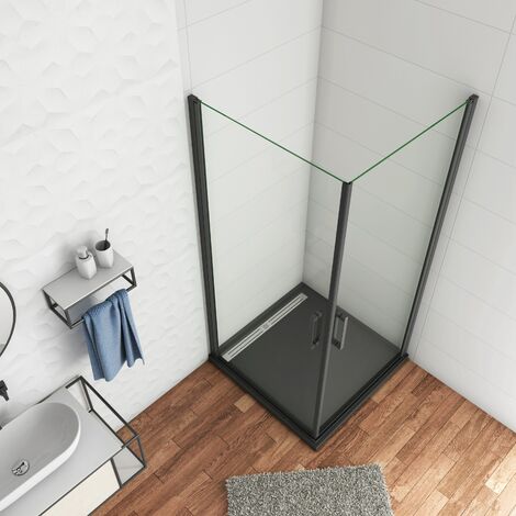 Box Doccia Angolare Doppie Porte Apertura a Battente Saloon Vetro Trasparente Anticalcare 8 mm Profilo Nero Opaco 90x80x200 cm