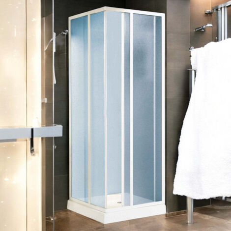 Box doccia angolare estensibile reversibile con profili in alluminio h185 cm e pannelli a scorrimento in acrilico effetto bollicine -