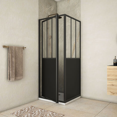 Box doccia con porta girevole e una Parete Fissa 'Tipo Atelier' - Nero opaco - 80x80x200 cm