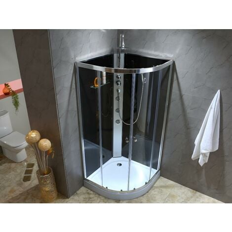 Box doccia idromassaggio angolare TALULA - 3 getti massaggianti - pioggia tropicale e doccino - Trasparente, Nero