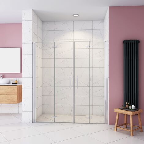 Box Doccia in Linea per Nicchia 185 cm Doppia Porta Battente 4 Ante Pieghevoli Saloon Vetro Temperato 6 mm Anticalcare 140 cm (1378-1418mm)
