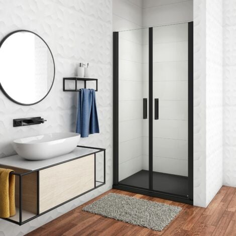Box Doccia Per Nicchia Doppia Porta Battente Saloon In Vetro 8 mm Temperato Trasparente Anticalcare Telaio Nero Opaco 80x200 cm