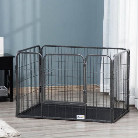 Box per Cani Recinzione in Metallo per Animali con 4 Pannelli, Porta con Doppio Blocco e Vassoio sul Fondo, 109x74x71cm, Grigio