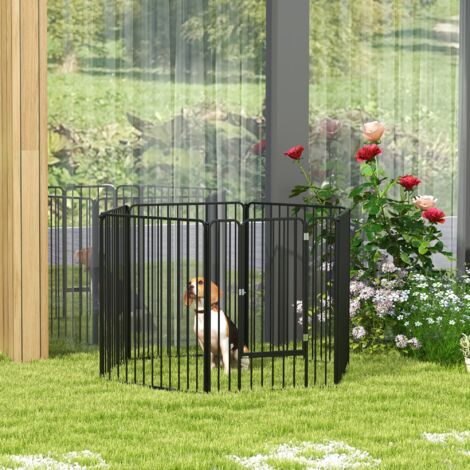Box per Cani Taglia Media e Grande a 6 Pannelli Modulabili da Interno ed Esterno, Cancello per Cani in Acciaio con 9 Picchetti, 164x83x100 cm, Nero