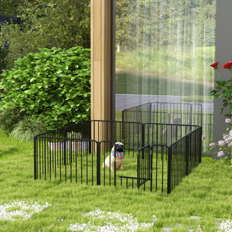 Box per Cani Taglia Media e Piccola a 8 Pannelli Modulabili da Interno ed Esterno, Cancello per Cani in Acciaio con 9 Picchetti, 164x164x60 cm, Nero