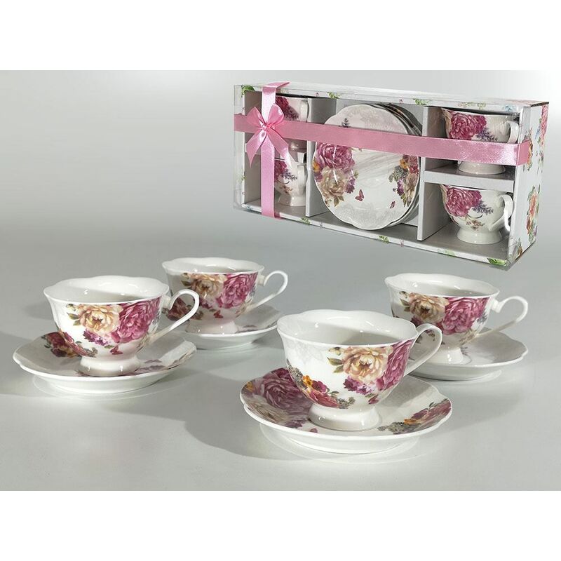 Image of Servizio completo di 4 tazze da tè e piattini decoro fiori floreali in ceramica idea regalo eleganti stile inglese