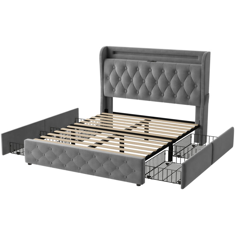 Mivray Grau Boxbett 140X190 Cm Mit 4 Schubladen, Stoff,