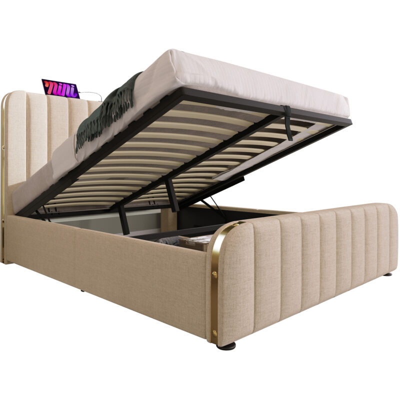 Mivray Boxbett 140x200 Cm Mit Hydraulisch Absenkbarem Gestell, Leinen, Beige
