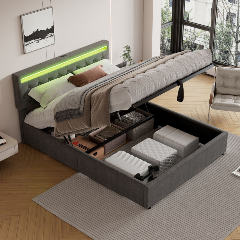 Mivray Boxbett 160x200 Cm Aus Leinen, Grau, Mit Per App Steuerbarer Mehrfarbiger Led-beleuchtung, Usb- Und Type-c-anschlüssen
