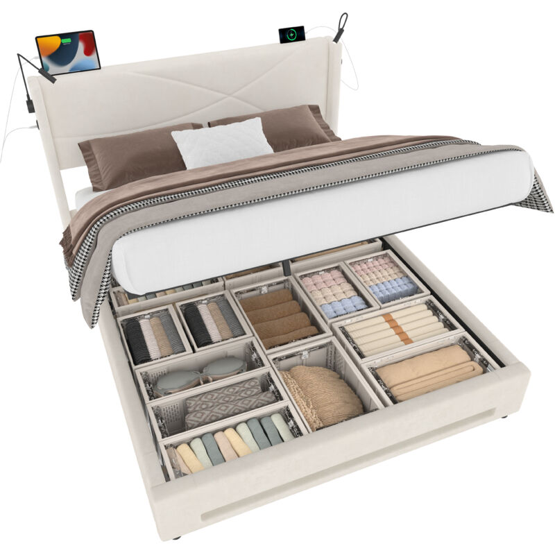Mivray Boxbett 160x200 Cm Mit Hydraulischem Stauraum, Samt, Beige
