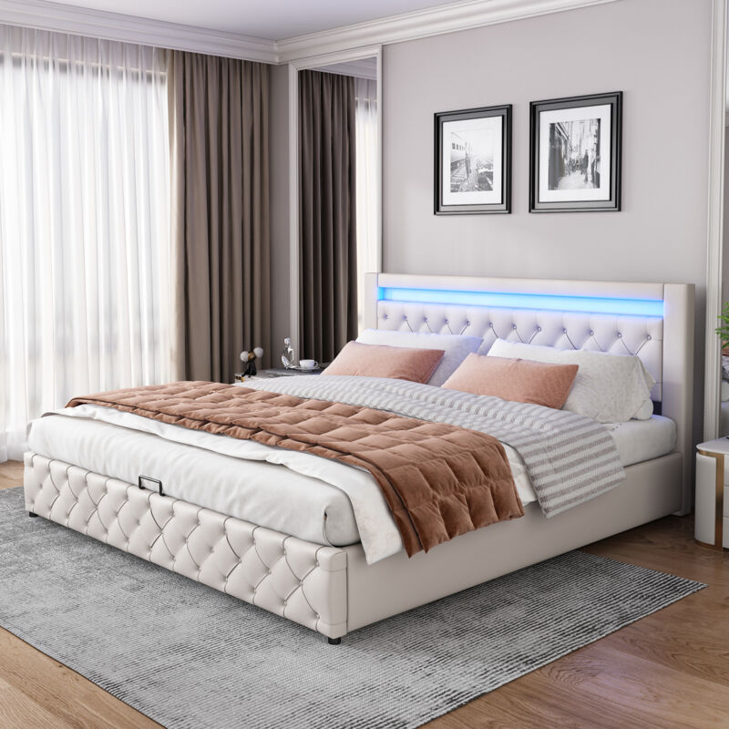 Mivray Boxbett 180x200 Cm Mit Absenkbarem Lattenrost Und Led-kopfteil, Weißes Kunstleder