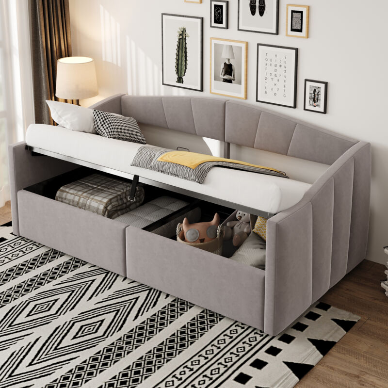 Mivray Boxbett 90x200 Cm Mit Absenkbarem Lattenrost, Samt, Hellgrau