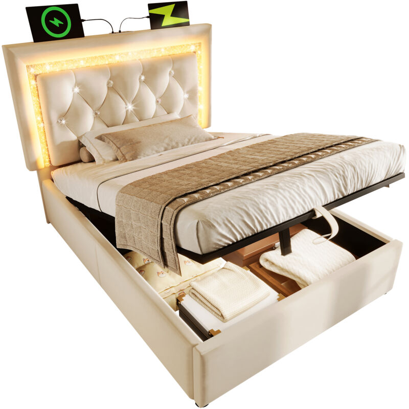 Mivray Boxbett 90x200 Cm Mit Absenkbarem Lattenrost, Samtstoff, Beige