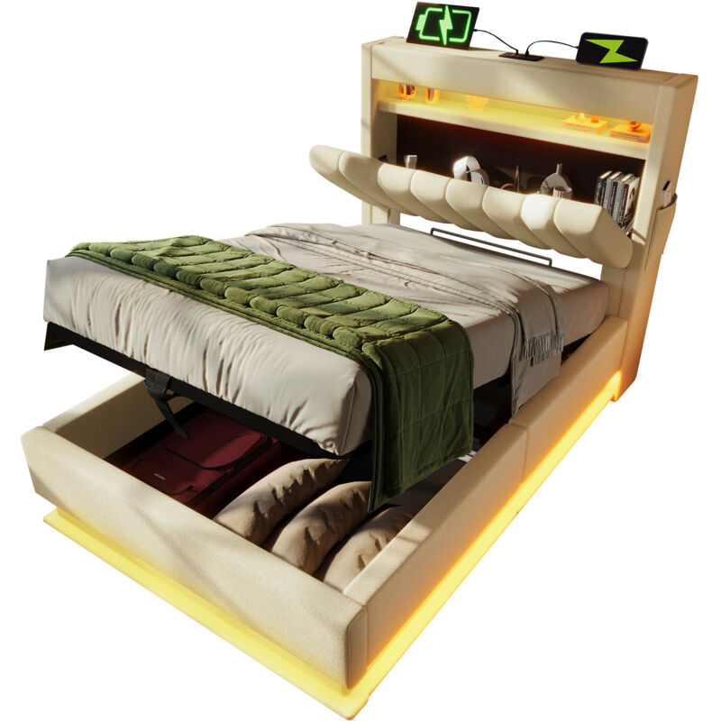 Mivray Boxbett 90x200 Cm Mit Eisengestell Und Holzlatten, Stoff, Beige