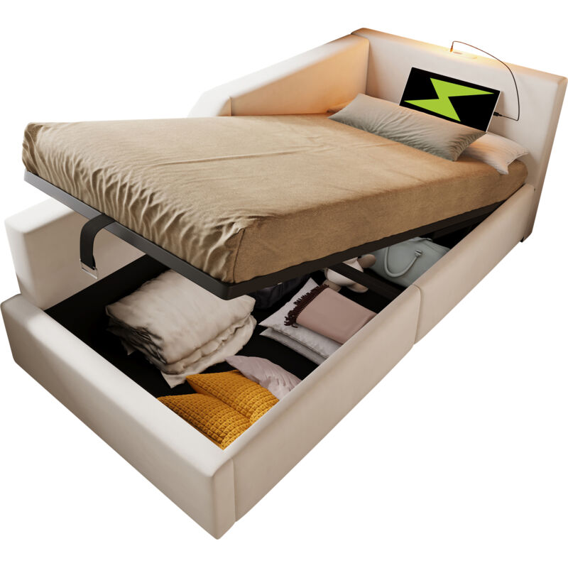 Mivray Boxbett 90x200 Cm Mit Hebbarem Lattenrost, Beiger Samt