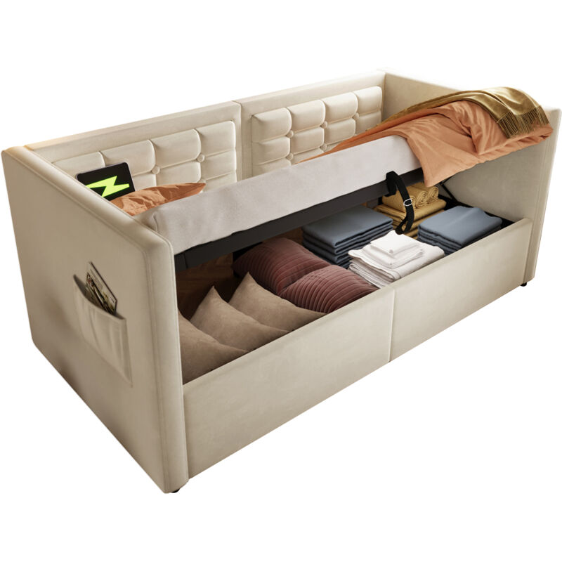 Mivray Boxbett 90x200 Cm Mit Hebbarem Lattenrost Und Usb/type-c-anschlüssen, Beiger Samt
