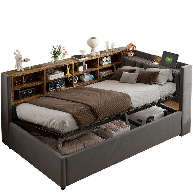 Mivray Schlafsofa Samt Grau 90x200 Cm Mit Hydraulischem Stauraum, Lattenrost, Usb- Und Type-c-anschluss, Nachtlicht