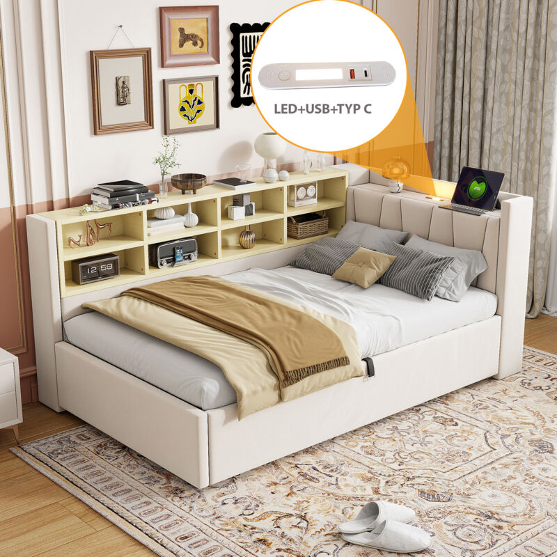 Mivray Boxbett 90x200 Cm Mit Hydraulischem Stauraum, Samtstoff, Beige