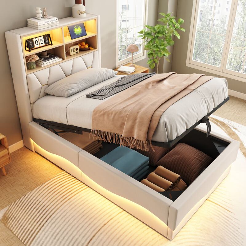Mivray Bett Aus Leinen Und Metall Beige 90x200 Cm Mit Hydraulischem Stauraum, Led-beleuchtung Und Usb-anschluss