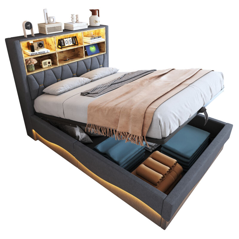 Mivray Bett Leinen Grau 140x200 Cm Mit Stauraum, Led-beleuchtung, Usb-anschluss Und Metall-lattenrost