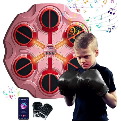 Boxeo musical, transductor, guantes de boxeo, 3 lámparas LED, Bluetooth, peleas musicales inteligentes, boxeo infantil y adulto, seis tops, rosa