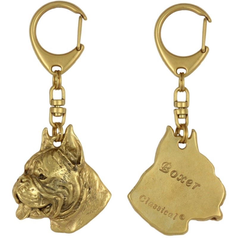 Image of Boxer, Boxer I - portachiavi placcato oro con un cane in una scatola regalo, decorazione per borsa, accessorio di lusso di Art-Dog
