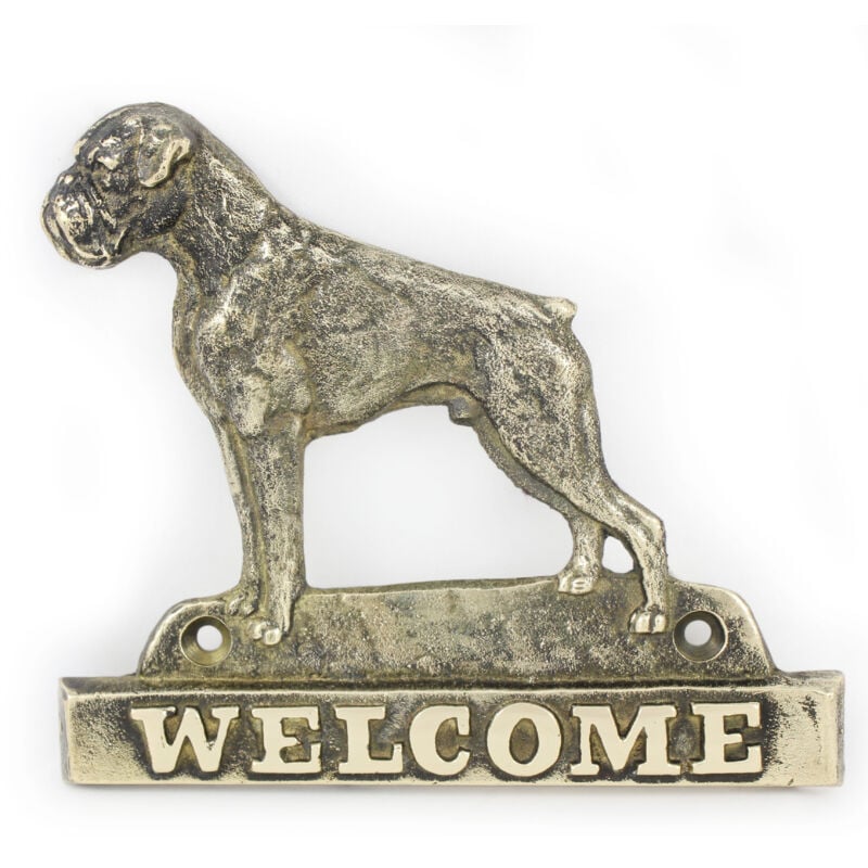 Image of Boxer, Boxer I - un cartello per porta con un cane, una targa di benvenuto in ottone, un cartello unico con la scritta Welcome by Art-Dog