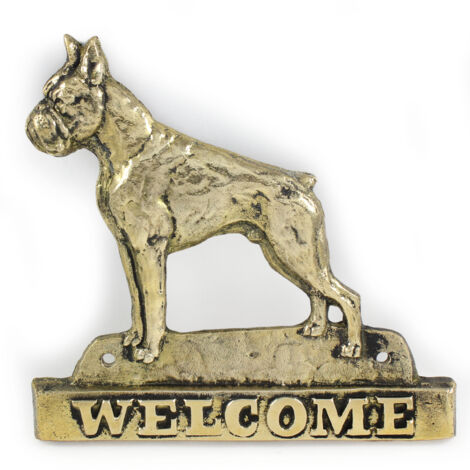 Boxer, Boxer - un cartello sulla porta con un cane, una targa di benvenuto in ottone, un cartello unico con la scritta Welcome by Art-Dog