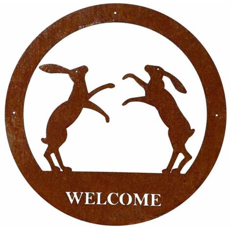 Boxing Hare Welcome Wall Art - Large - Steel - W49.5 x H49.5 cm - Bare Metal/Ready to Rust