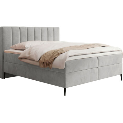 Boxspringbett mit Bettkasten – Polsterbett 140 x 200 cm mit H4 Taschenfederkern 7-Zonen Matratze & 5 cm Topper – Stauraumbett mit hohem Kopfteil & Metallfüße – Samt Velours Hellgrau, Grau