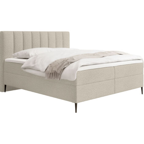 Boxspringbett mit Bettkasten – Polsterbett 160 x 200 cm mit H4 Taschenfederkern 7-Zonen Matratze & 5 cm Topper – Stauraumbett mit hohem Kopfteil & Metallfüße – Boucle Beige