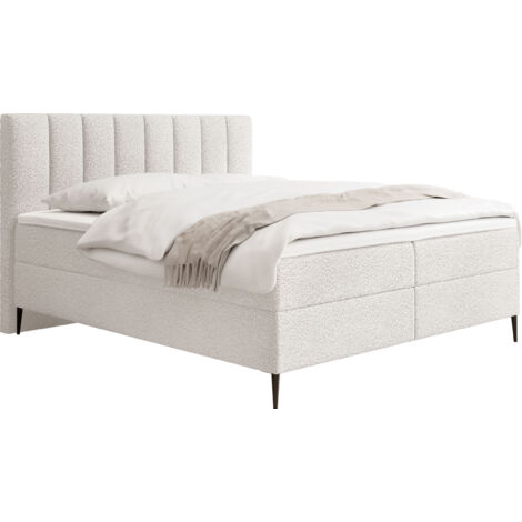 Boxspringbett mit Bettkasten – Polsterbett 180 x 200 cm mit H4 Taschenfederkern 7-Zonen Matratze & 5 cm Topper – Stauraumbett mit hohem Kopfteil & Metallfüße – Boucle Weiß