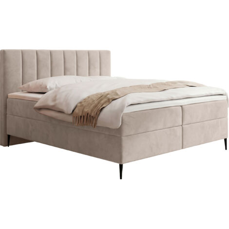 Boxspringbett mit Bettkasten – Polsterbett 180 x 200 cm mit H4 Taschenfederkern 7-Zonen Matratze & 5 cm Topper – Stauraumbett mit hohem Kopfteil & Metallfüße – Samt Velours Beige