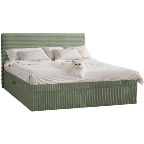 Boxspringbett mit bettkasten und topper TRENTO,  ohne Bein stoff Plüsch Cord 140x200 cm Olive