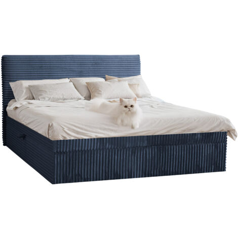Boxspringbett mit bettkasten und topper TRENTO,  ohne Bein stoff Plüsch Cord 180x200 cm Dunkelblau
